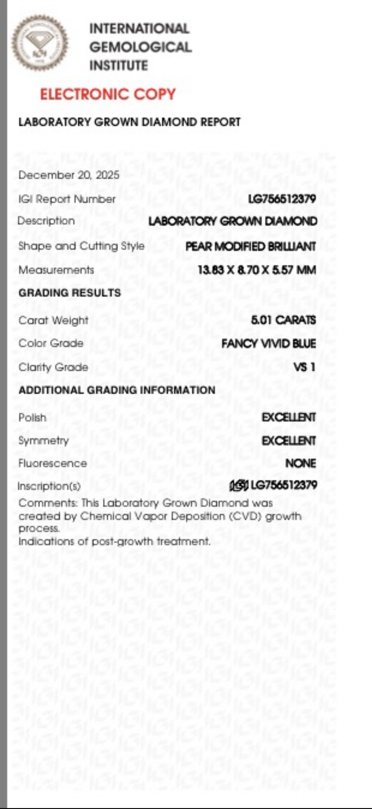 5.01ct Fancy Vivid Blue Lab Diamond