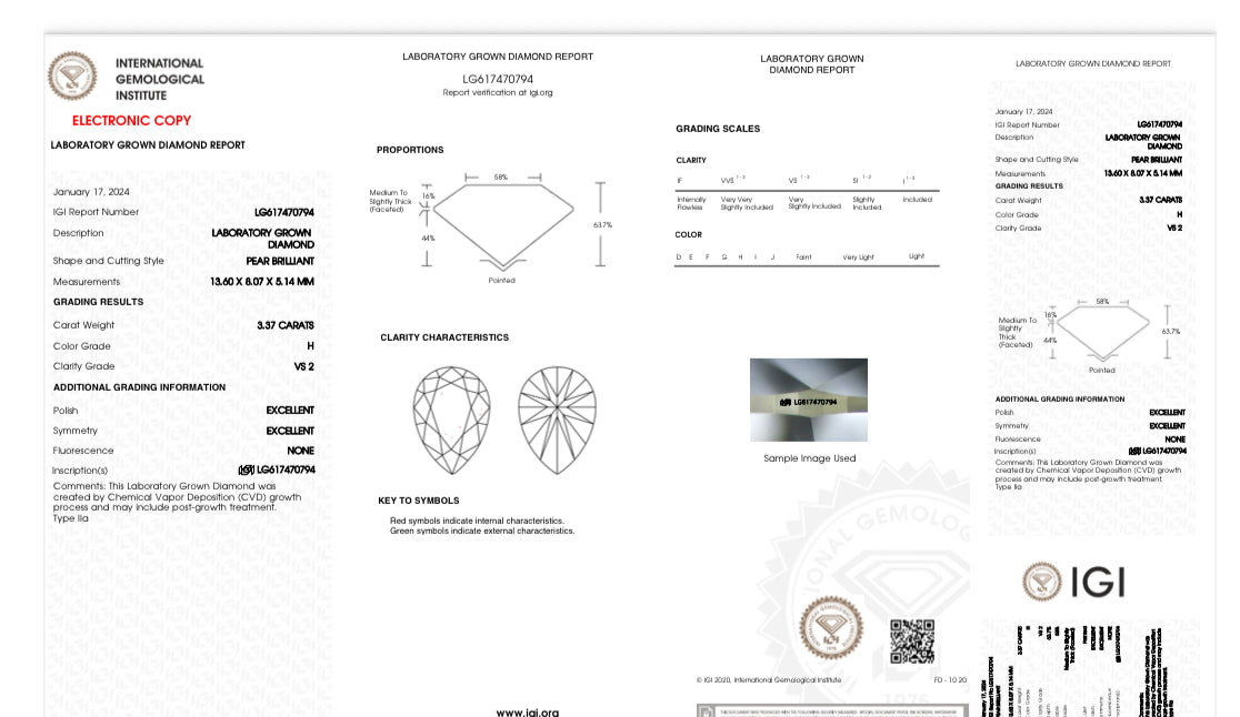Igi Pear 3.37ct Vs2 H Cvd lab diamond
